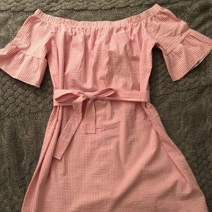 Striped pink off the shoulder dress